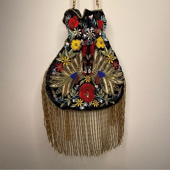 $259 MSRP - Ramla MUMBAI Hand-Embroidered Bag - BLACK, GOLD & MULTICOLOR Floral - Picture 8 of 11